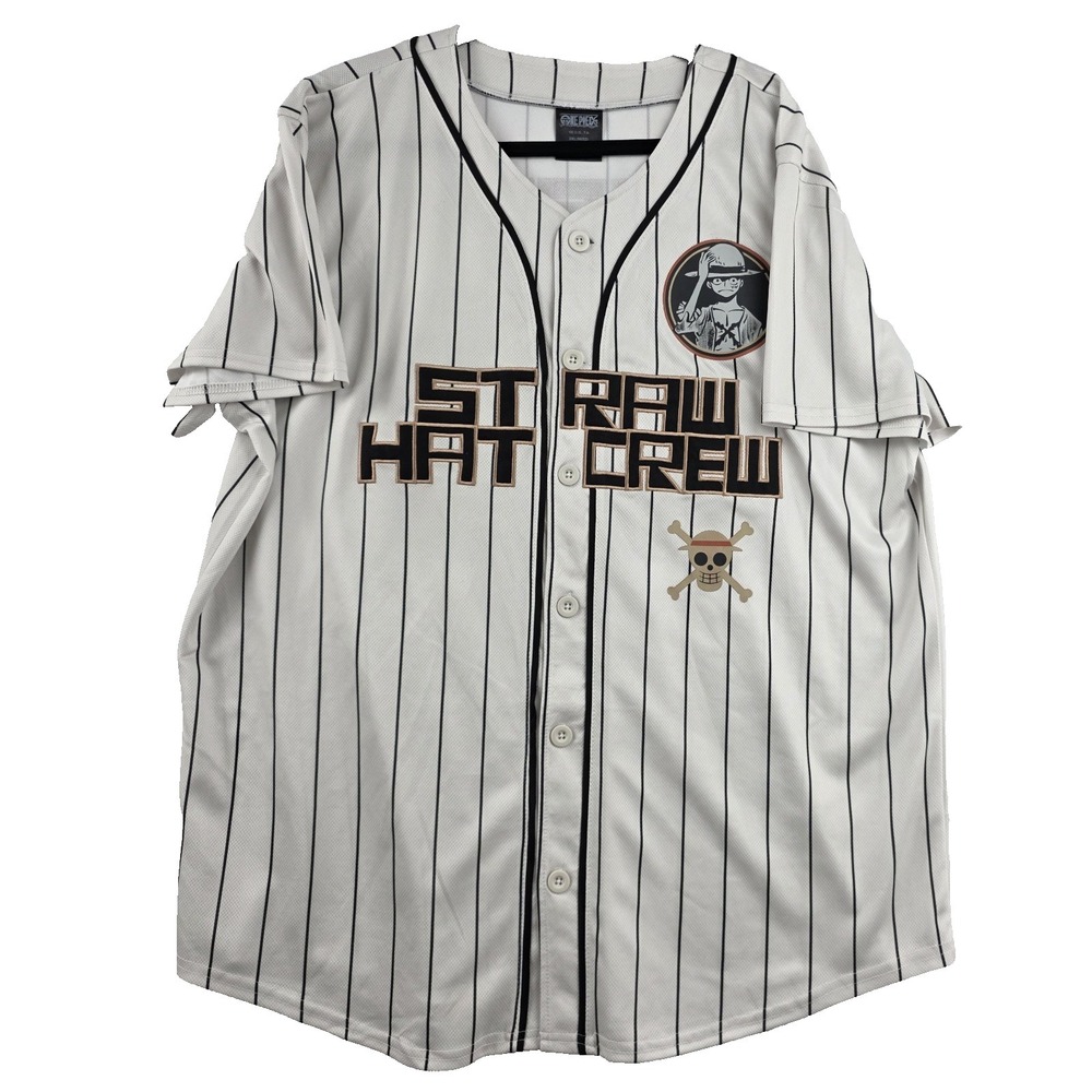 One Piece Straw Hat Crew Luffy 01 Baseball Jersey Mens 2XL White Pinstripe Anime